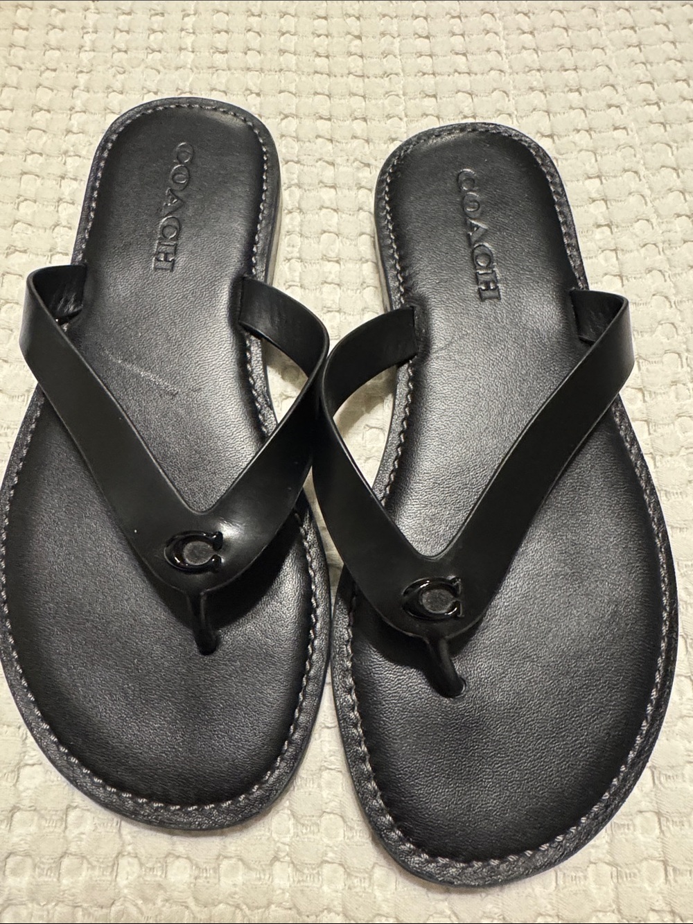 Coach Black Leather Logo Toe-Post Sandals